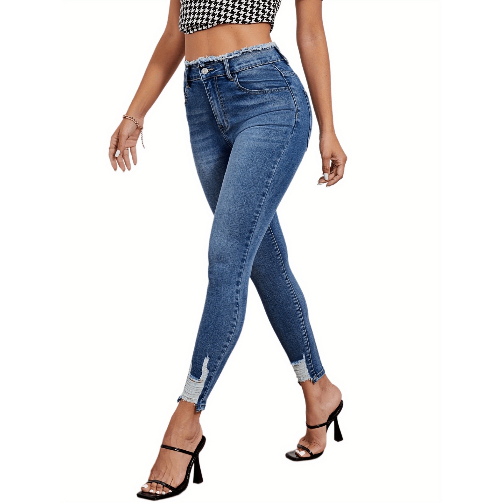 High Waist ripped elastic Jeans with Distressed Hem Detail